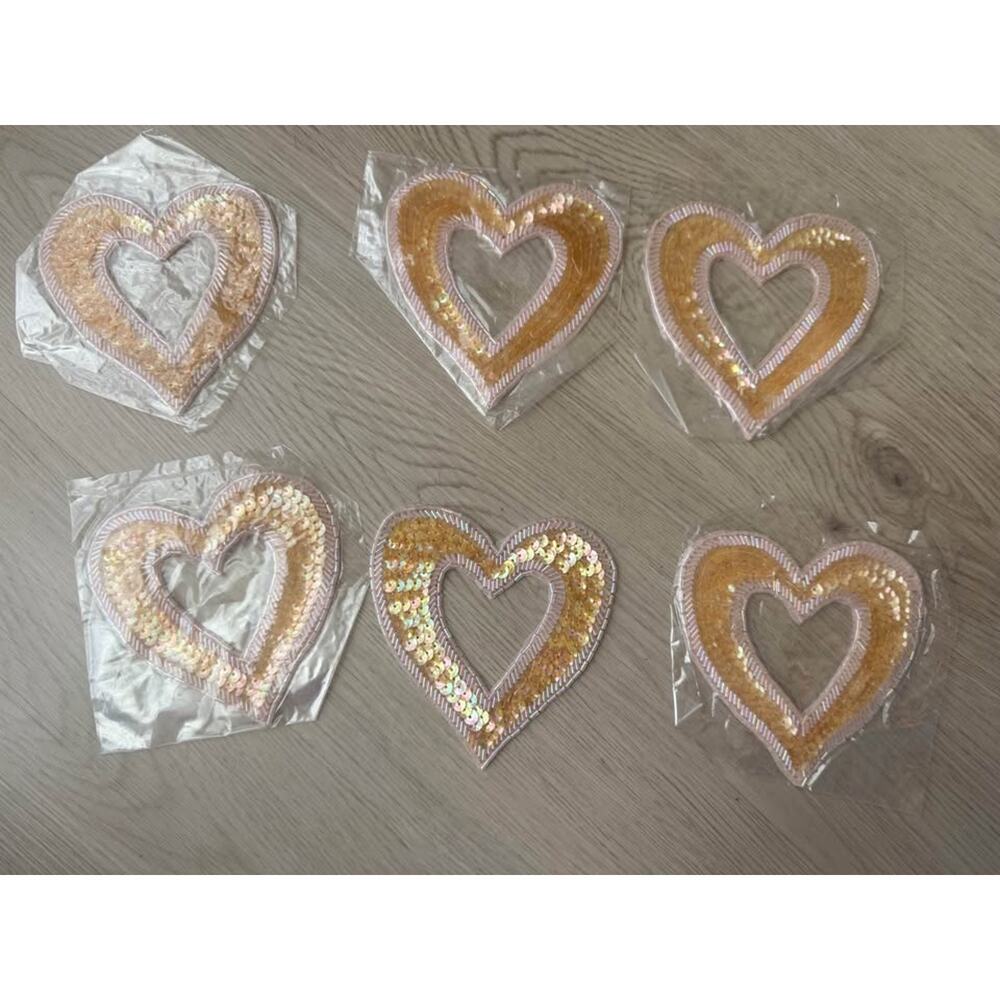 New Baby Pink Sequin Beaded Cut Out Heart Appliqué Patch 4.5” - Lot of 6